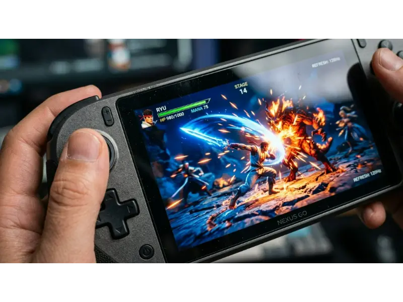 Close-up high-resolution shot of a 4.45 inch handheld gaming screen displaying vibrant graphics, showing sharp 1080p details and smooth motion blur to indicate 120Hz.